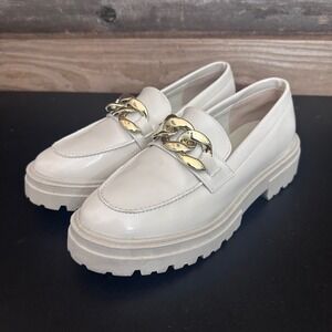Steve Madden Beige Patent Platform Loafers Gold Chain Lug Sole Womens 7.5